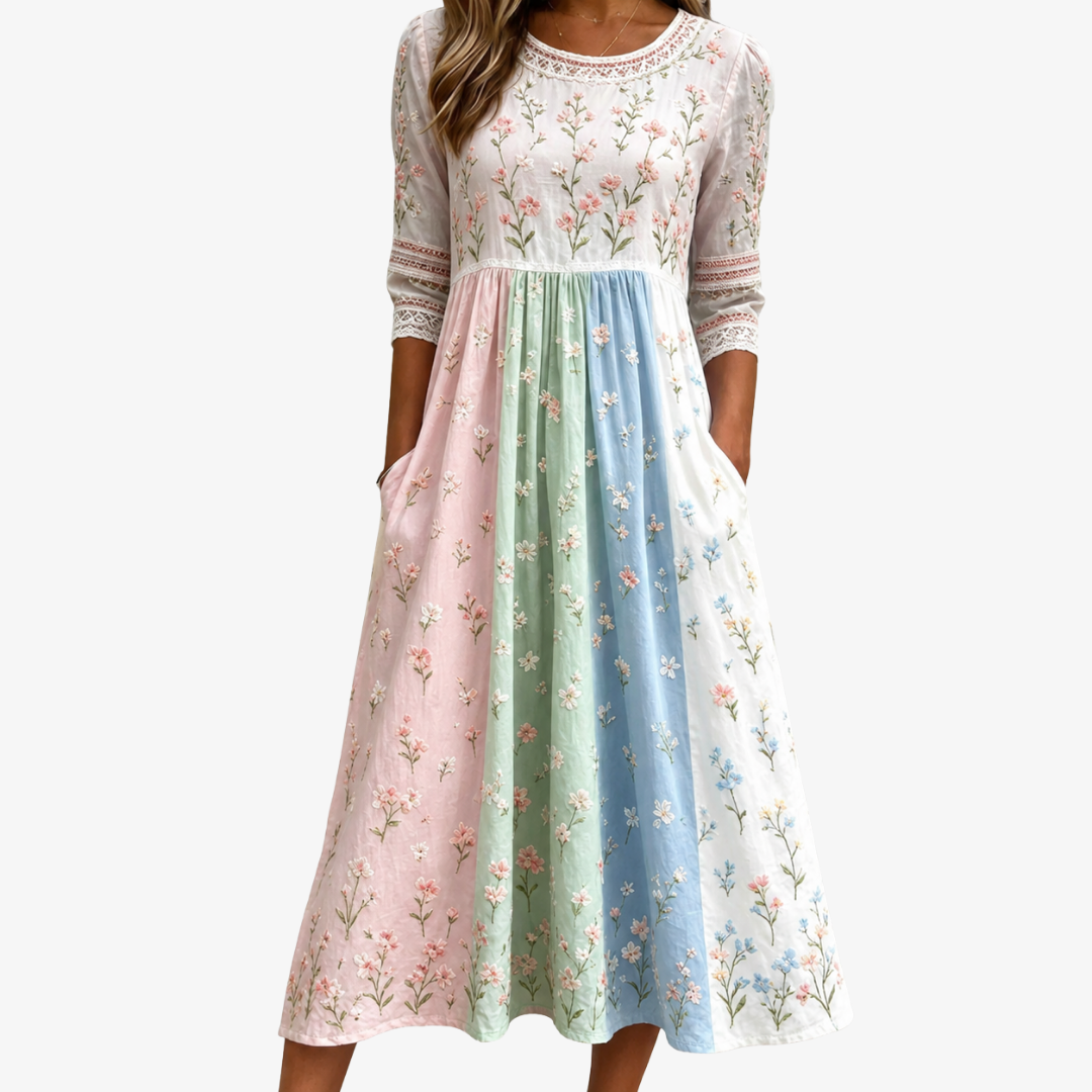 FREYA | VESTITO MIDI A FIORI PASTEL MEADOW CON TASCHE