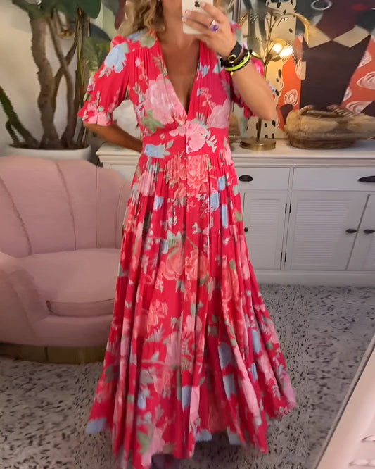 CARINE | ABITO CON TASCHE E SCOLLO A V CON STAMPA FLOREALE