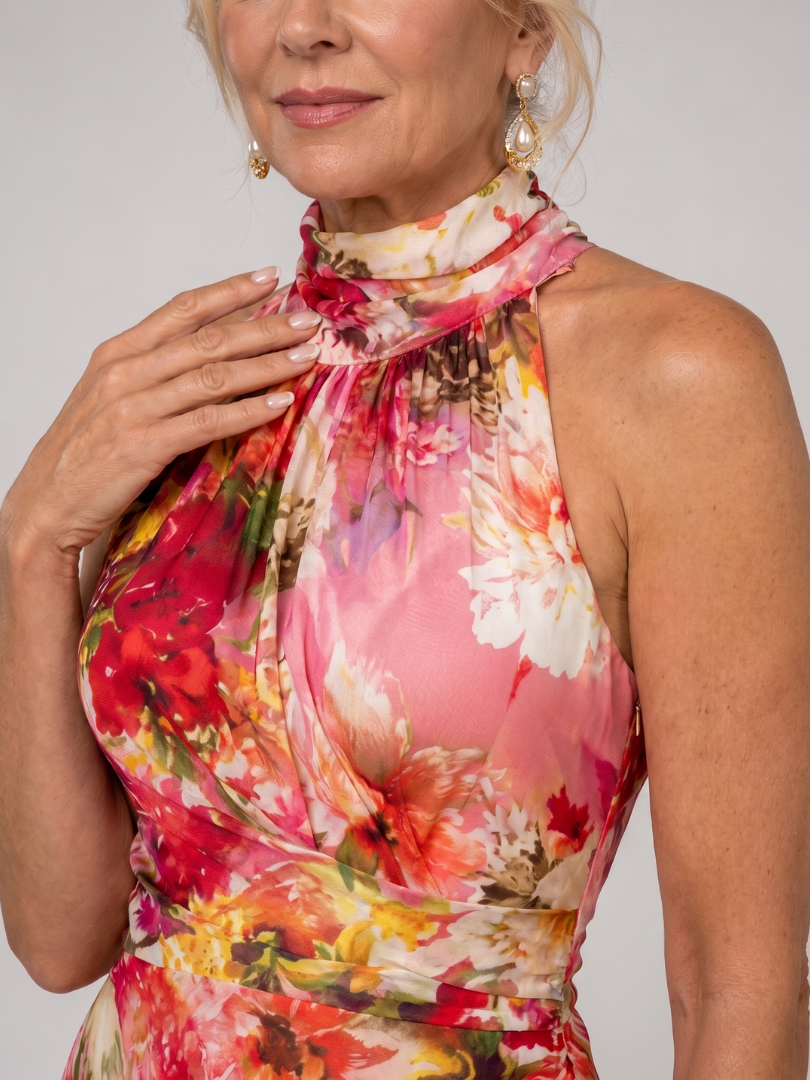 ELISABETTA | ABITO LUNGO CON STAMPA FLOREALE E SCOLLO ALL'AMERICANA