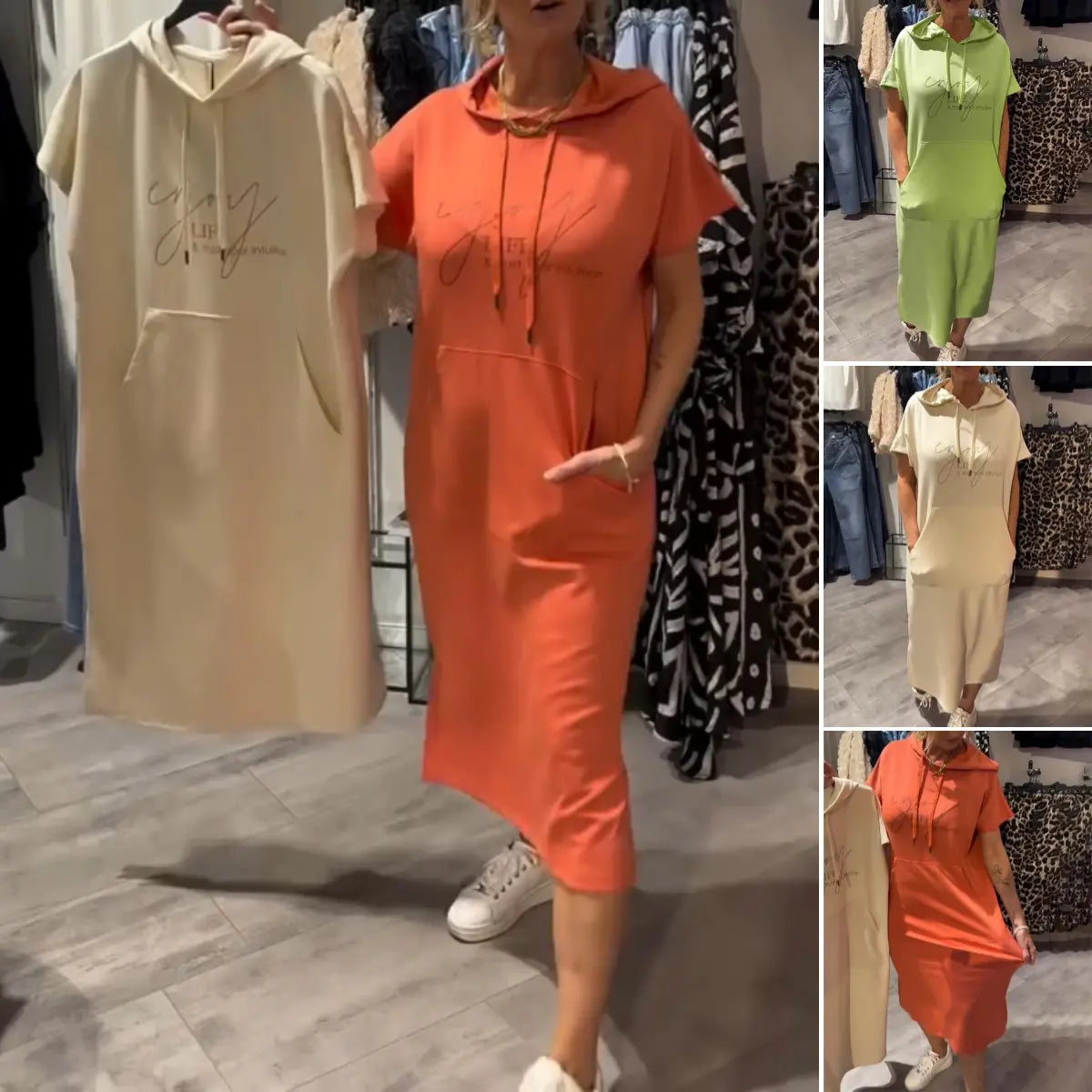 BEVERLEY | ABITO MIDI CASUAL A MANICHE CORTE CON CAPPUCCIO E TASCHE