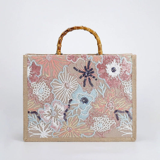 PETALDREAM | BORSA TOTE CON MANICO IN BAMBÙ E PAILLETTE FLOREALI PASTELLO