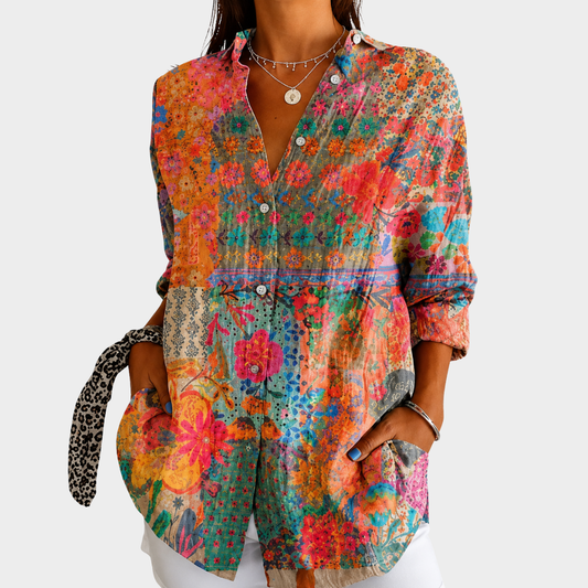 SADIE | CAMICIA CON BOTTONI E PATCHWORK DI FIORI DI CAMPO AL SOLE