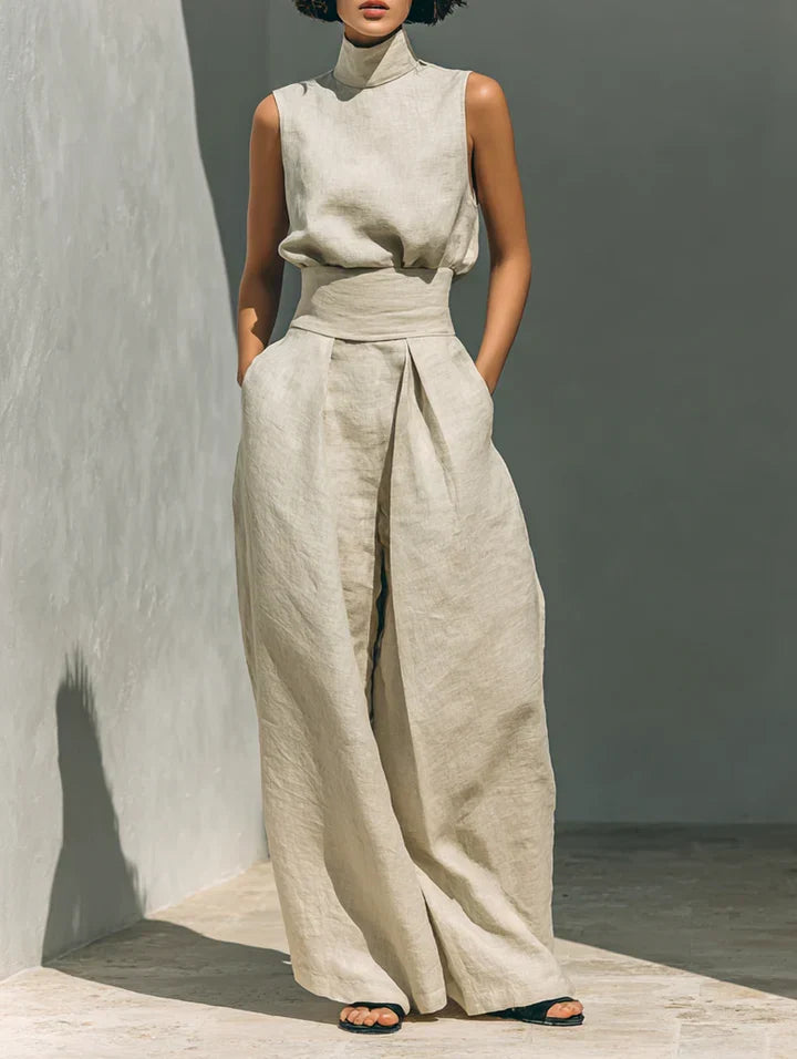 FLOR | COMPLETO DONNA MINIMALISTA A DUE PEZZI CON BLUSA SENZA MANICHE E PANTALONI A GAMBA LARGA