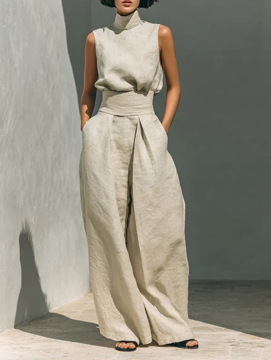 FLOR | COMPLETO DONNA MINIMALISTA A DUE PEZZI CON BLUSA SENZA MANICHE E PANTALONI A GAMBA LARGA