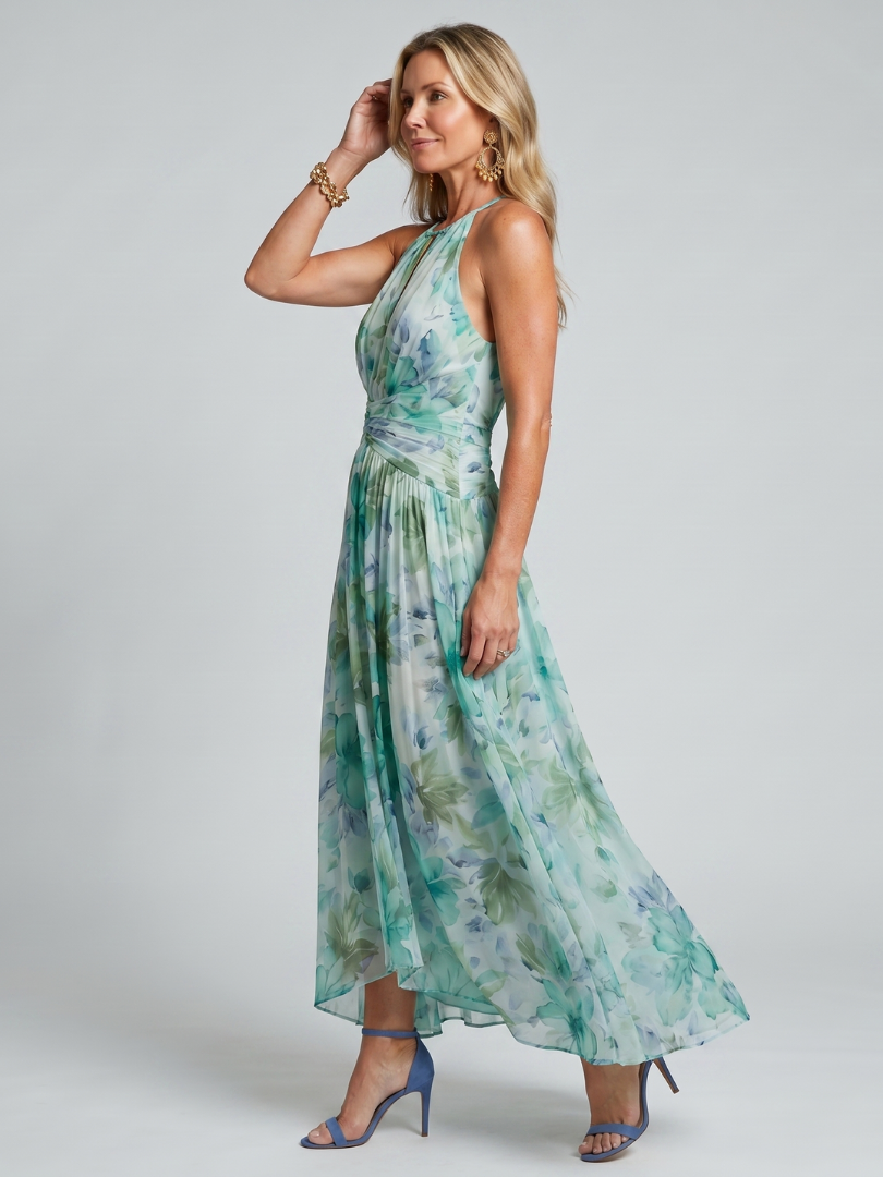 PORTIA | ABITO MIDI A PIEGHINE CON SCOLLO ALL'AMERICANA E MOTIVO FLOREALE DELICATO