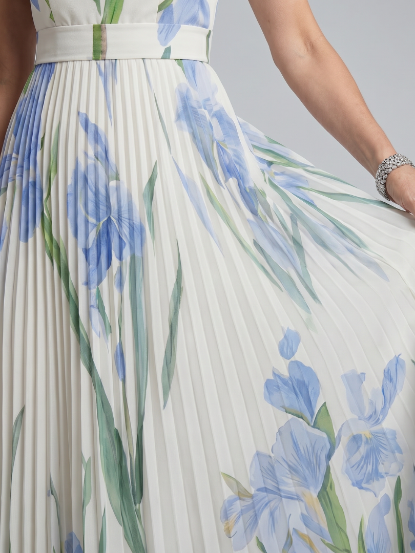 OPHELIA | VESTITO MIDI CON SCOLLO QUADRATO E STAMPA FLOREALE SENZA MANICHE