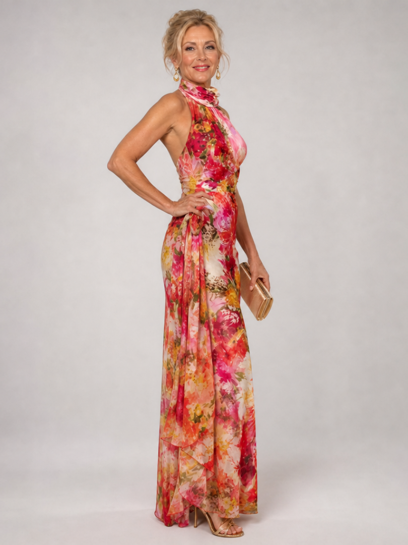 ELISABETTA | ABITO LUNGO CON STAMPA FLOREALE E SCOLLO ALL'AMERICANA