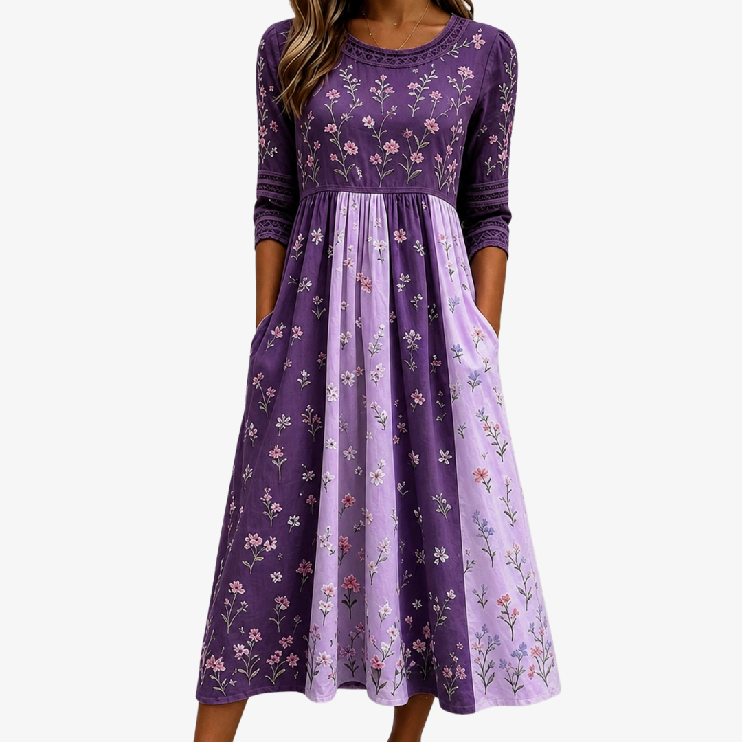 CLARA | ABITO MIDI A PANNELLI CON FIORI DI CAMPO COLOR LAVANDA