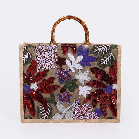 CRIMSONGARDEN | BORSA TOTE CON MANICO IN BAMBÙ E PAILLETTES FLOREALI
