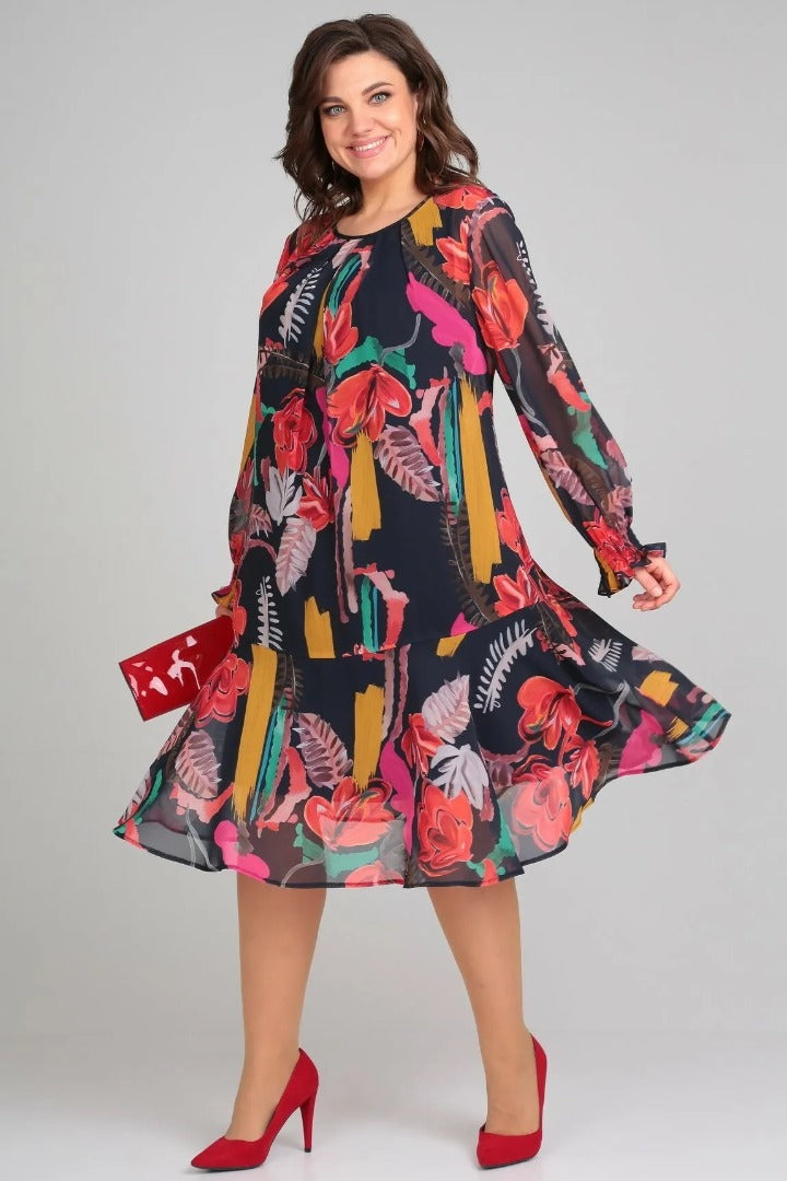 MARGOT | ABITO MIDI A MANICHE LUNGHE IN CHIFFON CON STAMPA FLOREALE AUDACE