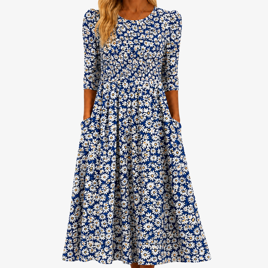 MILA | ABITO MAXI CON TASCHE BLUE DAISY GARDEN
