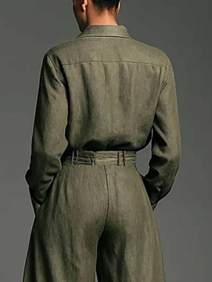 POPPY | COMPLETO COMPOSTO DA CAMICIA CON REVERS IN MISTO LINO E PANTALONI A GAMBA LARGA A VITA ALTA