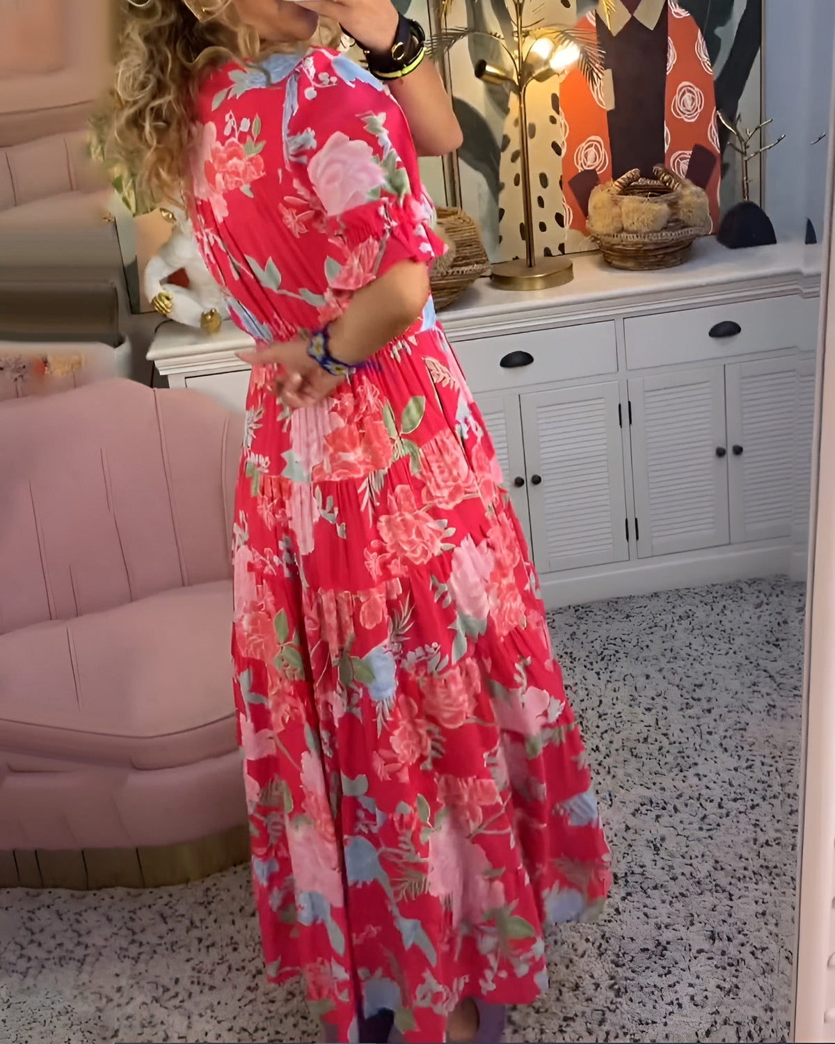 CARINE | ABITO CON TASCHE E SCOLLO A V CON STAMPA FLOREALE