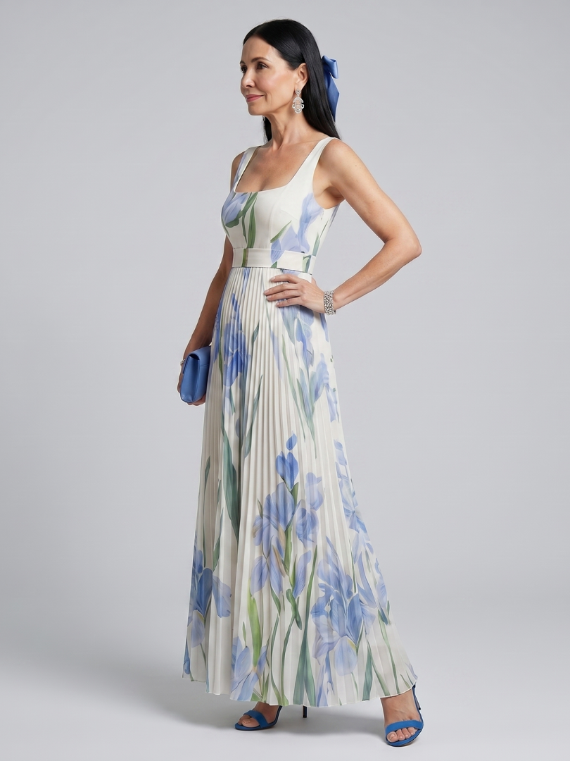 OPHELIA | VESTITO MIDI CON SCOLLO QUADRATO E STAMPA FLOREALE SENZA MANICHE