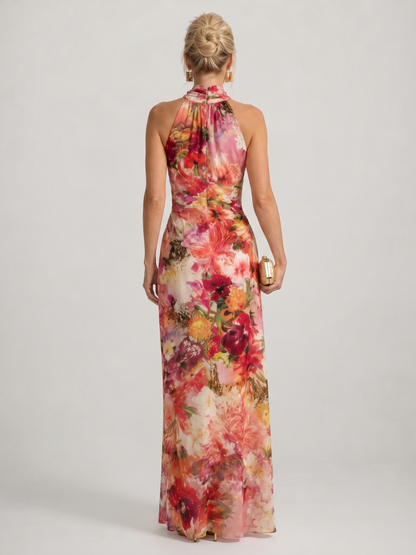 ELISABETTA | ABITO LUNGO CON STAMPA FLOREALE E SCOLLO ALL'AMERICANA
