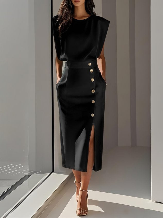 GENEVIEVE | ABITO MIDI CON SPALLE IMBOTTITE, DETTAGLIO BOTTONI E SPACCO