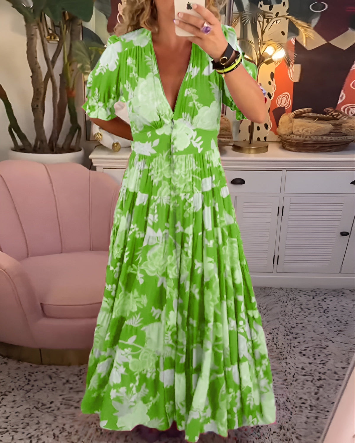 CARINE | ABITO CON TASCHE E SCOLLO A V CON STAMPA FLOREALE