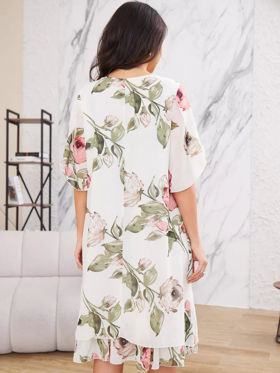 LEANNE | ABITO CORTO A MANICHE CORTE IN CHIFFON A FIORI CON ORLO A BALZA