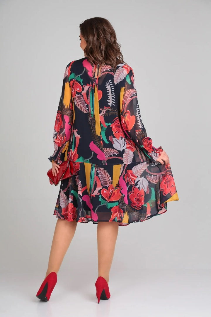 MARGOT | ABITO MIDI A MANICHE LUNGHE IN CHIFFON CON STAMPA FLOREALE AUDACE