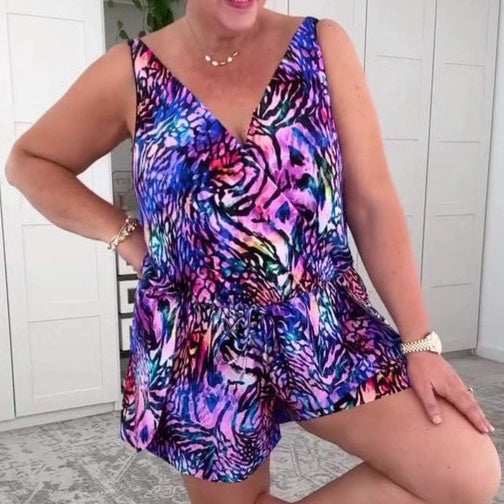 MARILYN | TUTA CORTA CON SCOLLO A V E STAMPA ANIMALIER