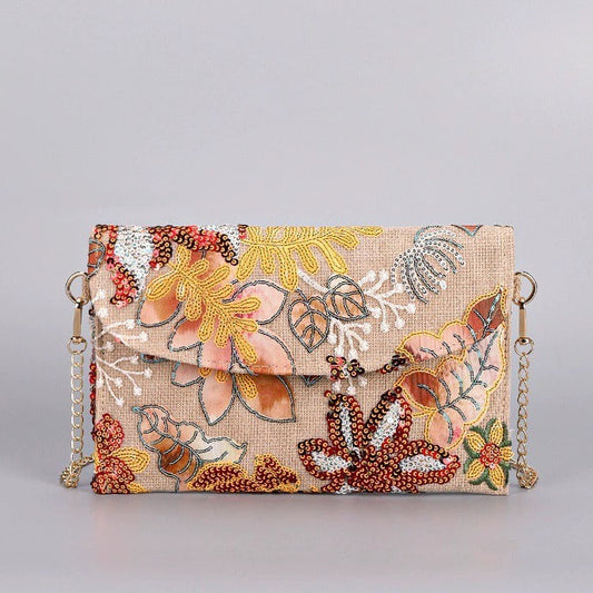 SUNSETBLOOM | BORSA A TRACOLLA POCHETTE CON PAILLETTE FLOREALI AUTUNNALI