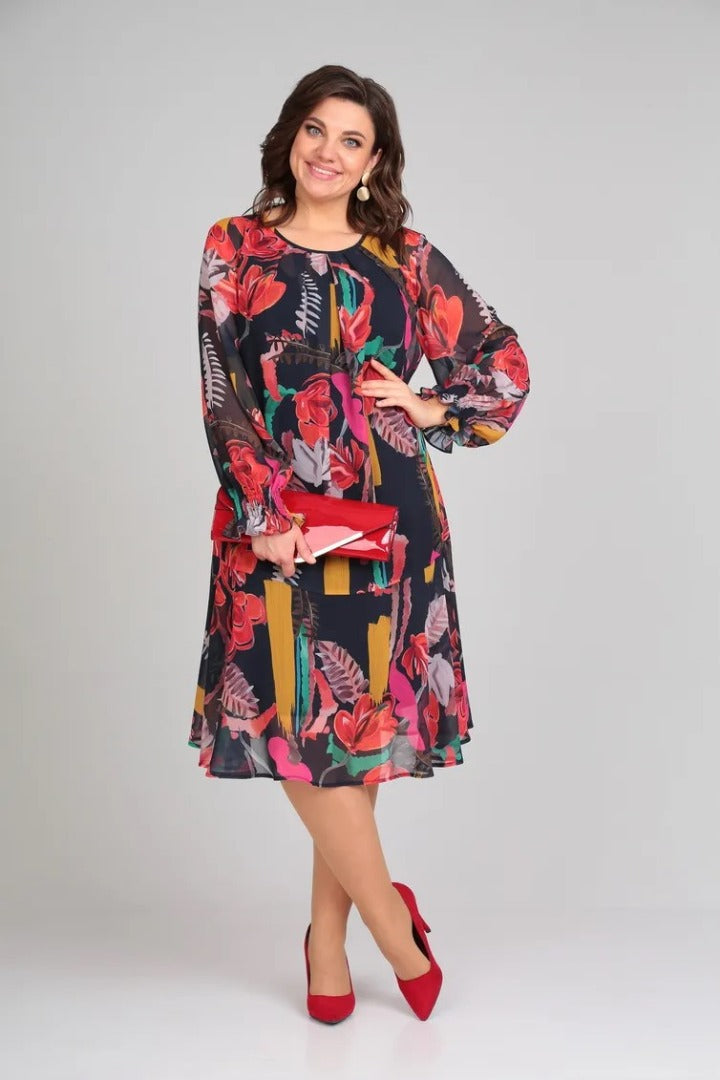 MARGOT | ABITO MIDI A MANICHE LUNGHE IN CHIFFON CON STAMPA FLOREALE AUDACE