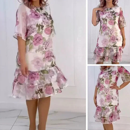 CLARISSA | ABITO MIDI A BALZE A MANICHE CORTE CON STAMPA FLOREALE A ROSE