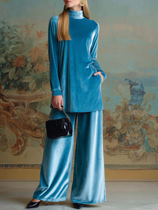 SAPPHIRE | COMPLETO CASUAL AMPIO IN VELLUTO BLU A COLLO ALTO