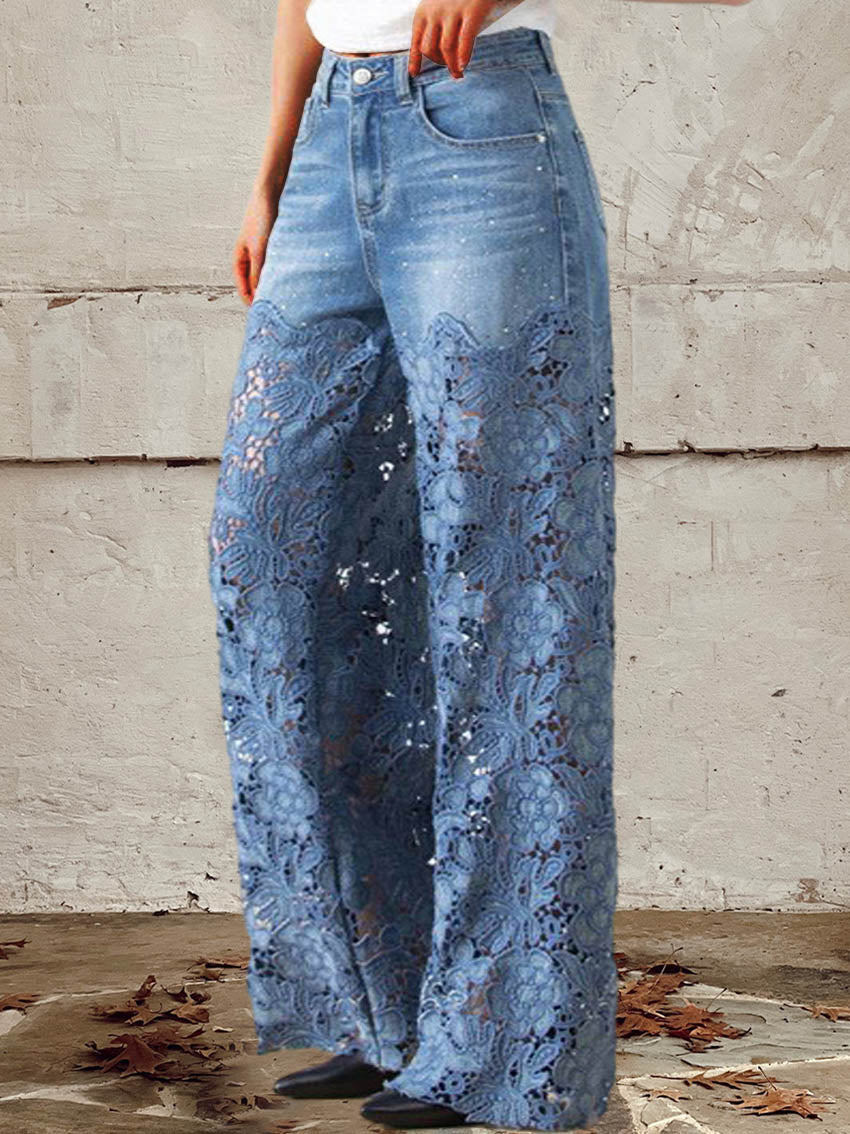 OCTAVIA | JEANS A GAMBA LARGA IN DENIM CON INSERTI IN PIZZO
