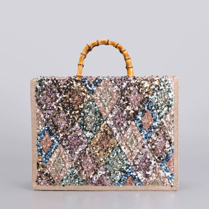 MOSAICGLIMMER | BORSA TOTE CON PAILLETTES MULTICOLORE E MANICO IN BAMBÙ