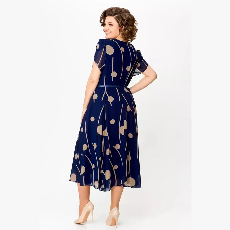 IVY | ABITO MIDI IN CHIFFON CON STAMPA A POIS BLU NAVY