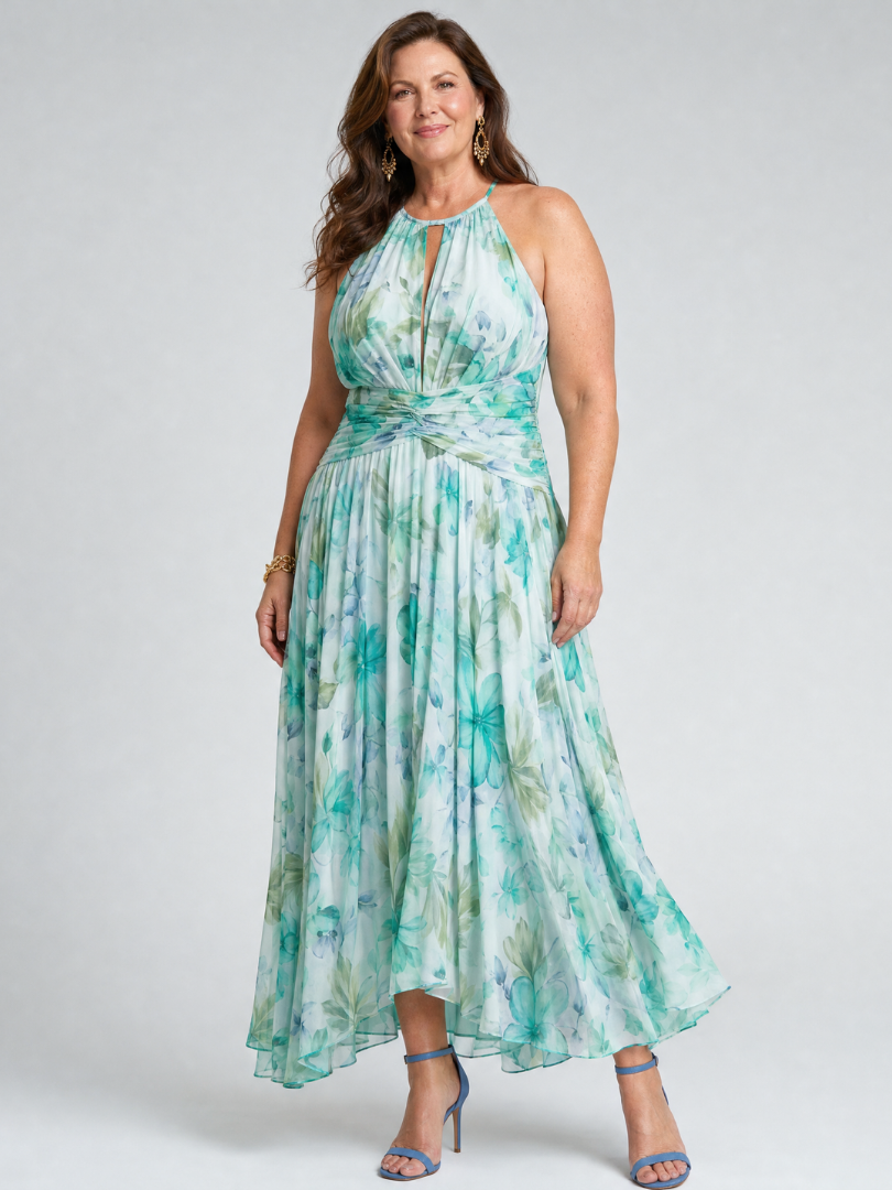 PORTIA | ABITO MIDI A PIEGHINE CON SCOLLO ALL'AMERICANA E MOTIVO FLOREALE DELICATO