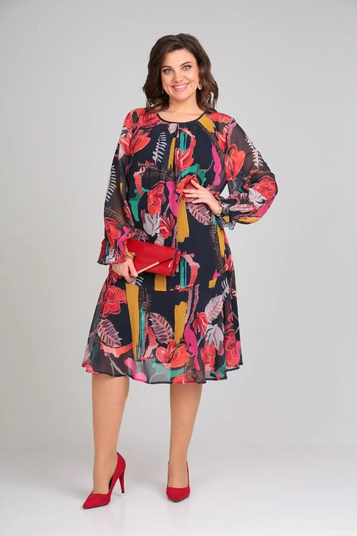 MARGOT | ABITO MIDI A MANICHE LUNGHE IN CHIFFON CON STAMPA FLOREALE AUDACE