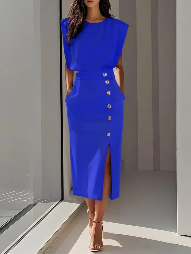 GENEVIEVE | ABITO MIDI CON SPALLE IMBOTTITE, DETTAGLIO BOTTONI E SPACCO
