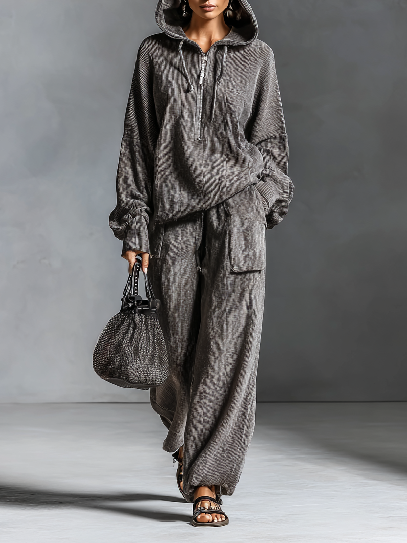 EVELYN | COMPLETO DONNA CASUAL IN VELLUTO A COSTE CON FELPA CON CAPPUCCIO E PANTALONI DRITTI