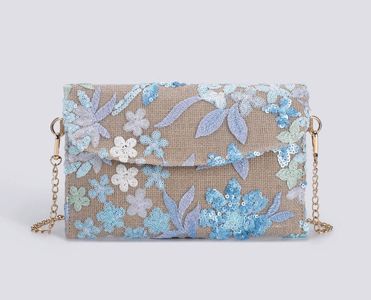 SKYBLOOM | BORSA A TRACOLLA POCHETTE CON PAILLETTE FLOREALI BLU