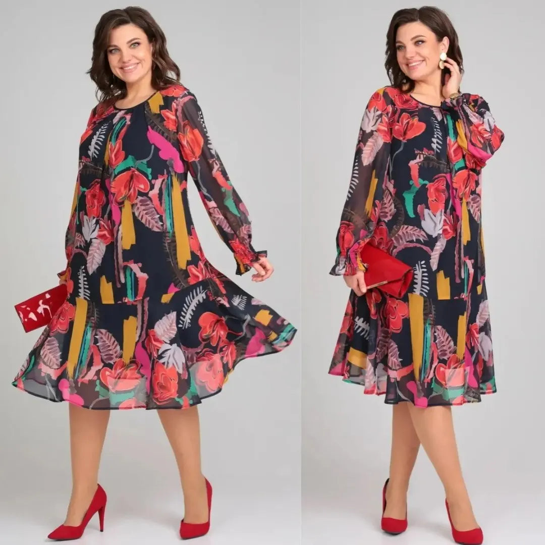 MARGOT | ABITO MIDI A MANICHE LUNGHE IN CHIFFON CON STAMPA FLOREALE AUDACE