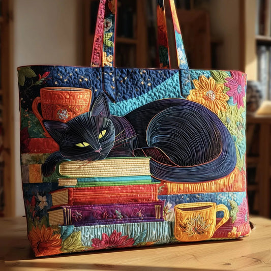 CHARLOTTE | BORSA ARTIGIANALE GATTO NERO CON LIBRI E TAZZE