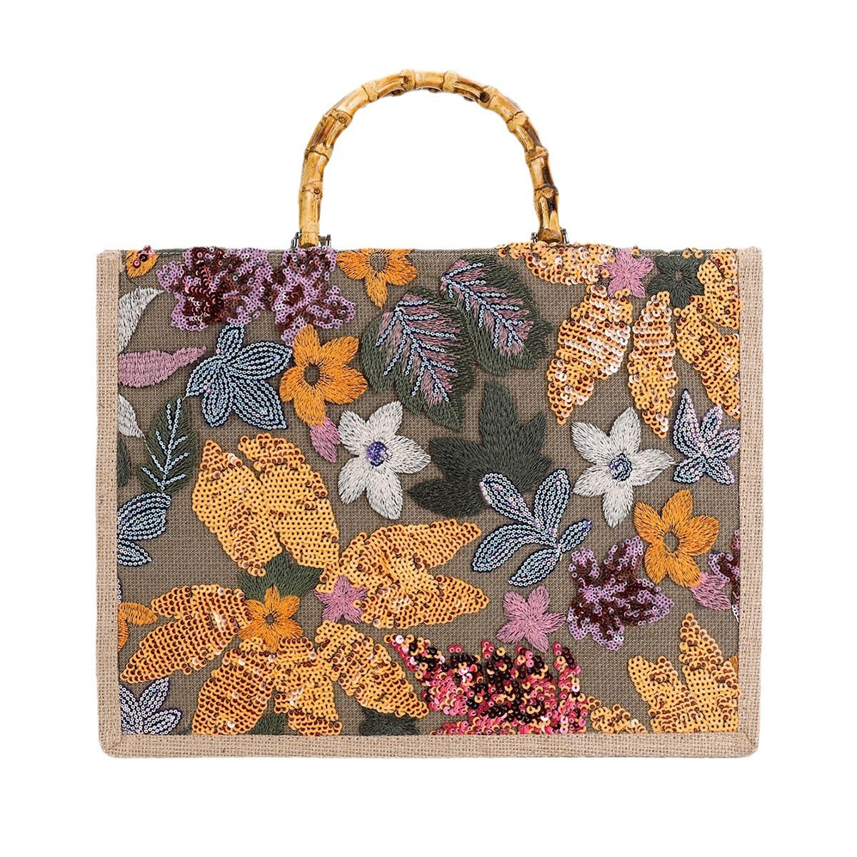 HARVESTGARDEN | BORSA TOTE CON MANICO IN BAMBÙ E PAILLETTE FLOREALI