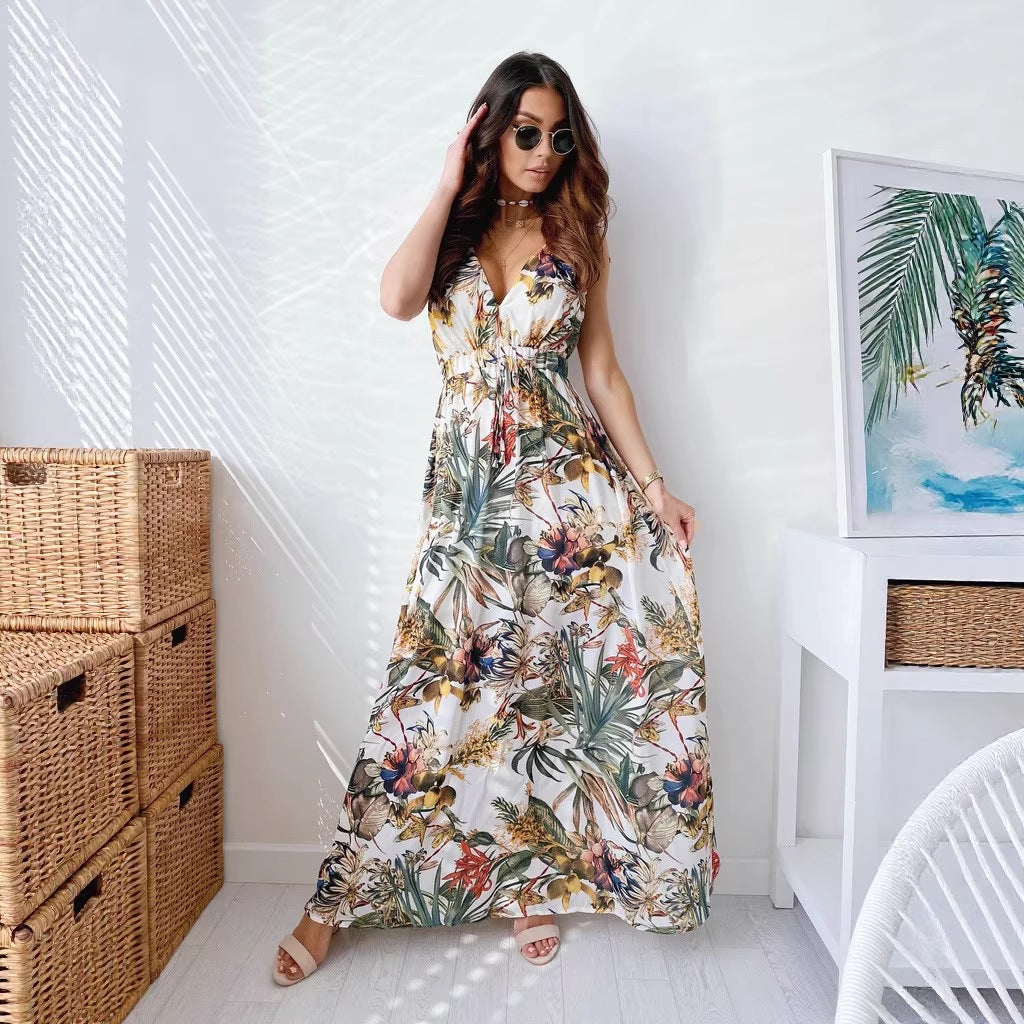 LENORA | MAXI ABITO CON SCOLLO A V E STAMPA TROPICALE