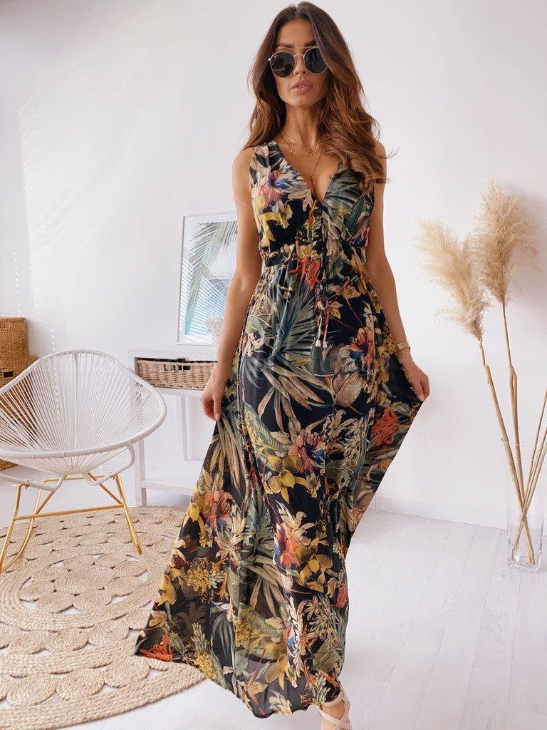 LENORA | MAXI ABITO CON SCOLLO A V E STAMPA TROPICALE