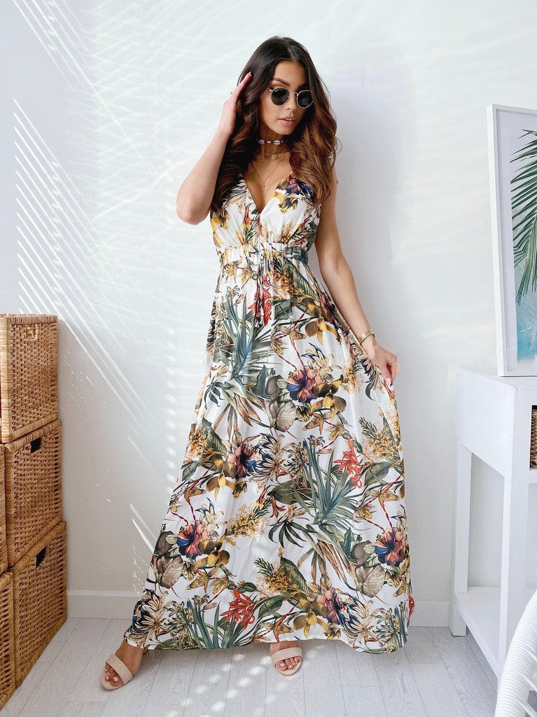 LENORA | MAXI ABITO CON SCOLLO A V E STAMPA TROPICALE
