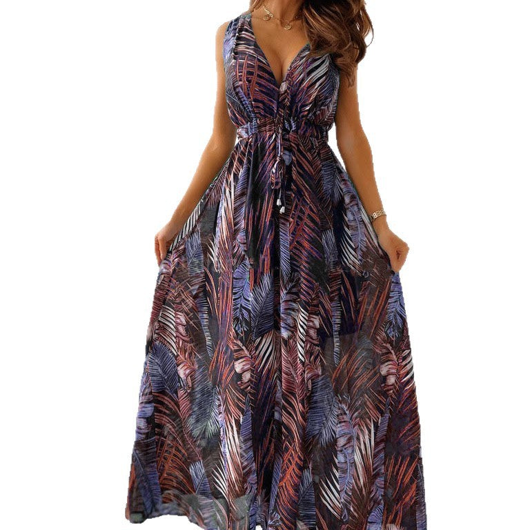 LENORA | MAXI ABITO CON SCOLLO A V E STAMPA TROPICALE