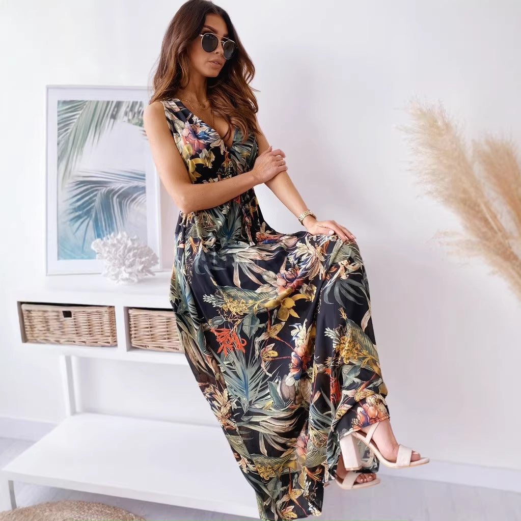 LENORA | MAXI ABITO CON SCOLLO A V E STAMPA TROPICALE