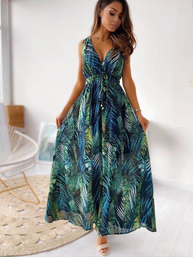 LENORA | MAXI ABITO CON SCOLLO A V E STAMPA TROPICALE