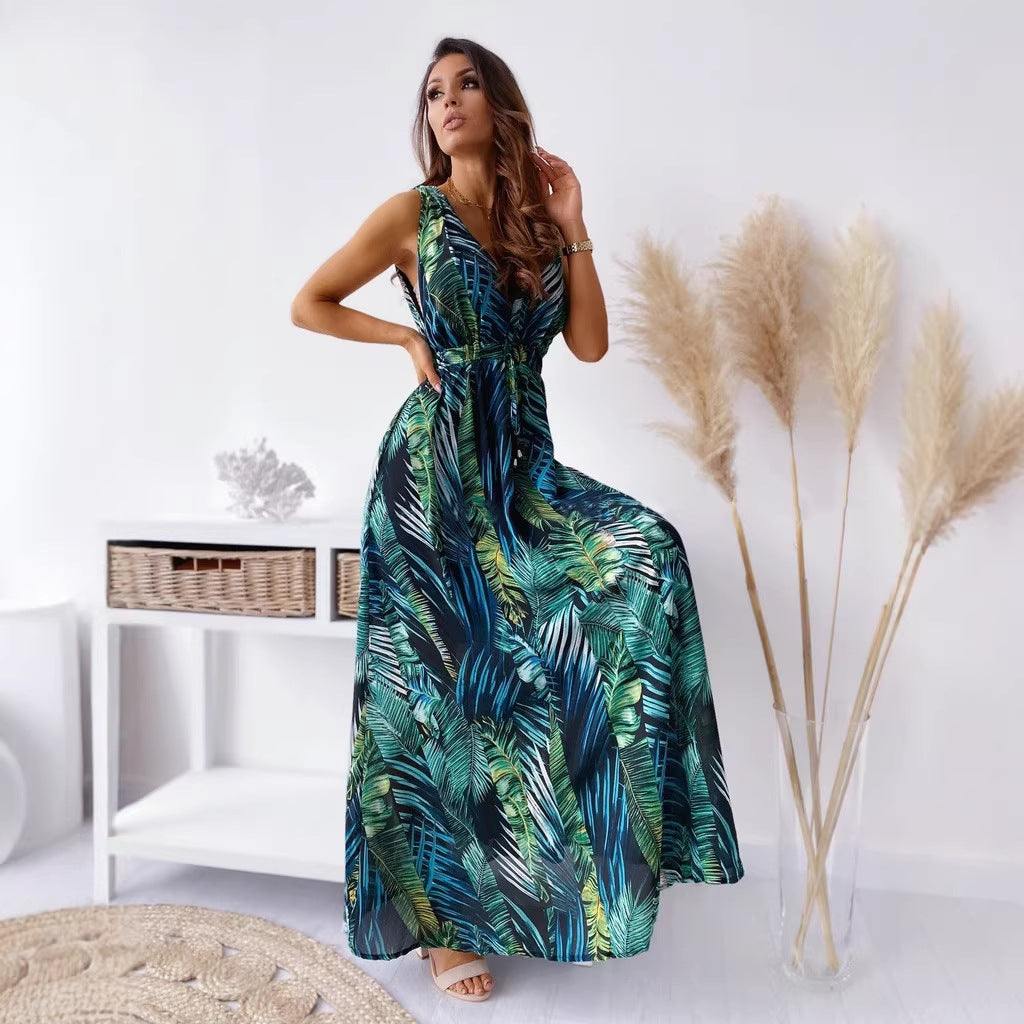 LENORA | MAXI ABITO CON SCOLLO A V E STAMPA TROPICALE