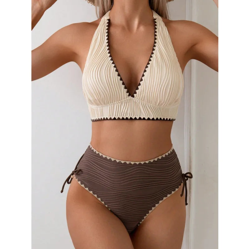 CAPRI | BIKINI A VITA ALTA CON SCOLLO ALL'AMERICANA BICOLORE A COSTE