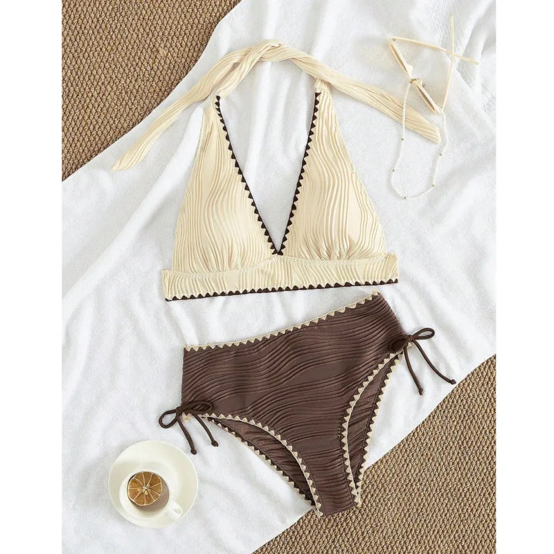 CAPRI | BIKINI A VITA ALTA CON SCOLLO ALL'AMERICANA BICOLORE A COSTE
