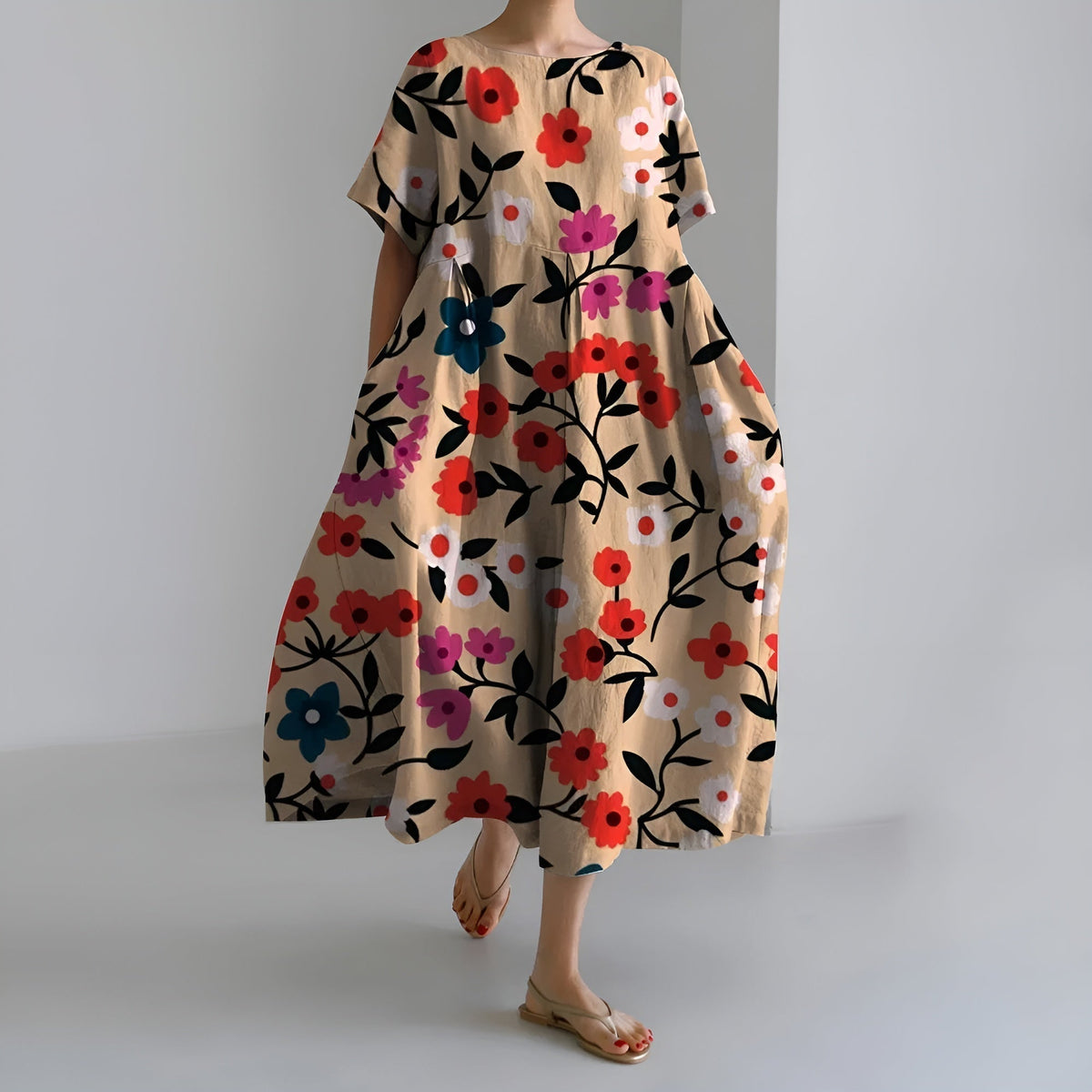 MEERI | ABITO MAXI ARTISTICO CON MOTIVO FLOREALE VINTAGE ED ELEGANZA DISINVOLTA