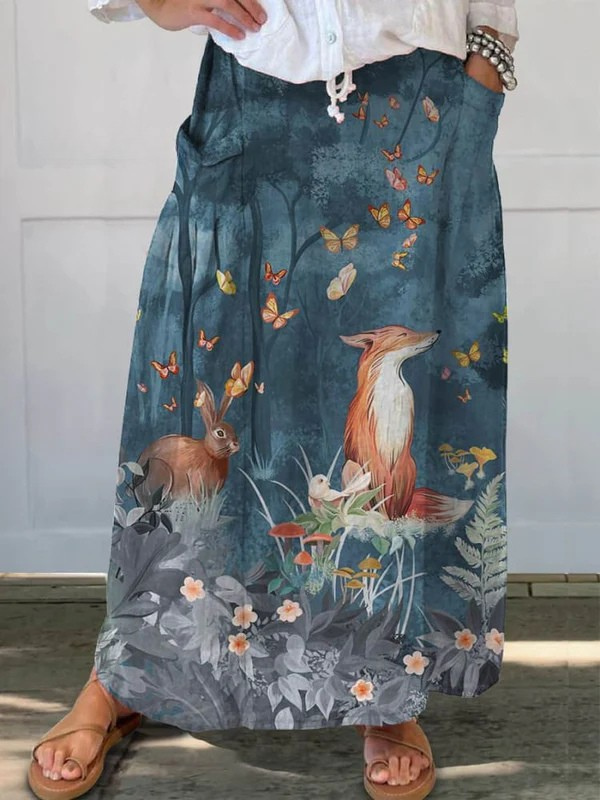 ROXY | GONNA CASUAL CON TASCHE E STAMPA VINTAGE FLOREALE CON ANIMALI
